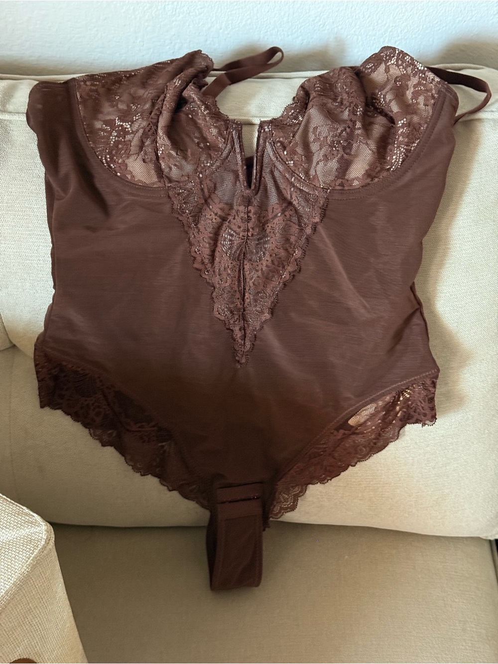 Lace-Trim Shapewear Bodysuit in Chocolate Brown